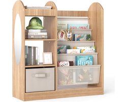 KOMFOTTEU Houten kinderboekenkast, speelgoedrek met 3 planken, boekenkast met 4 niveaus, verwijderbare stoffen lade en passpiegel, voor kinderkamer en speelkamer (naturel)