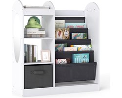 KOMFOTTEU Houten kinderboekenkast, speelgoedrek met 3 planken, boekenkast met 4 niveaus, verwijderbare stoffen lade en passpiegel, voor kinderkamer en speelkamer (wit)
