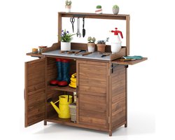 KOMFOTTEU Houten verpottafel met groot blad en uitklapbaar zijblad, tuintafel met 2 deuren voor kast, verstelbare plank, 3 metalen haken voor gereedschap, voor tuin, balkon