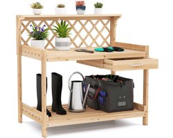 KOMFOTTEU Houten verpottafel, tafel voor zaailingen en tuinwerk met rooster, planken en opberglade, tafel voor planten binnen en buiten, terras, balkon, veranda