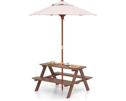 KOMFOTTEU Houten zitset voor kinderen, Zitset met parasol, Picknicktafel voor kinderen, UV-beschermend en waterdicht, Tuintafel en -bank, Kindermeubelset, Tuinmeubilair voor buiten