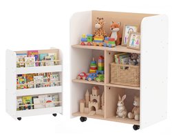 KOMFOTTEU Kinderboekenkast, Dubbelzijdige kinderboekenkast met 5 open vakken en 3 planken, Kinderboekenkast op wielen, Speelgoedkast voor kinderkamer en speelkamer, 62,5 x 40 x 83 cm