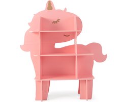 KOMFOTTEU Kinderboekenkast, kinderrek met 3 open planken en kantelbeveiliging, houten speelgoedrek voor kleine kinderen in de kinderkamer, kleuterschool (roze eenhoorn)