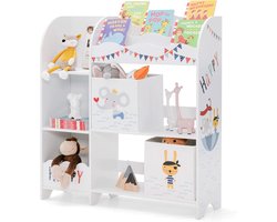 KOMFOTTEU Kinderboekenkast met 3 verdiepingen en speelgoedorganizer met 3 boekenvakken en 2 opbergdozen, vrijstaande kinderopbergkast voor speelkamer, kinderkamer (dierenzeerover)