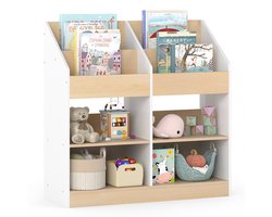 KOMFOTTEU Kinderboekenkast met 4 planken en 4 vakken, houten kinderboekenkast met anti-kantelbeveiliging, speelgoedkast voor kinderkamer, speelkamer en kleuterschool, 80 x 29,5 x 80 cm