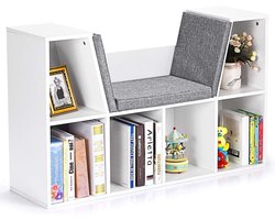 KOMFOTTEU Kinderboekenkast met kussen, opbergplanken, 6 opbergvakken, 102,5 x 30 x 63,5 cm, wit