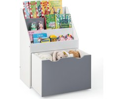 KOMFOTTEU Kinderboekenkast, speelgoedrek met 3 vakken en uittrekbare lade, speelgoedorganizer met 4 universele wielen, uitgesneden handgrepen voor kinderen van 3 tot 6 jaar oud