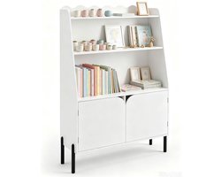 KOMFOTTEU Kinderkast met 2 deuren en 3 open vakken – houten kinderboekenkast met golvend ontwerp en poten – Montessori speelgoedopberger voor kinderkamer
