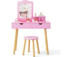 KOMFOTTEU Kindermeisjeskaptafel 3-7 jaar, 2-in-1 houten kaptafel met afneembare spiegel en kruk, make-uptafel en bureau met 2 lades, opbergplank