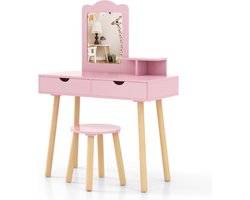 KOMFOTTEU Kindermeisjeskaptafel 3-7 jaar, 2-in-1 houten kaptafel met afneembare spiegel en kruk, make-uptafel en bureau met 2 lades, opbergplank