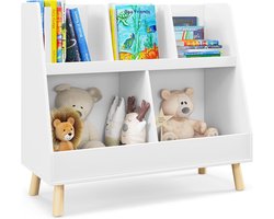 KOMFOTTEU Kinderrek met 5 vakken, boekenrek voor kinderen met massief houten poten, 2 verdiepingen tellend speelgoedrek van hout met kantelbeveiliging voor kinderkamer, speelkamer, klaslokaal, wit