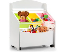 KOMFOTTEU Kinderrek met grote opbergruimte, 1 open legplank en 3 boxen en kisten op wielen, spiegelgereedschap van hout + kunststof, opbergrek voor kinderkamer, kleuterschool, speelkamer (wit)