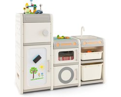 KOMFOTTEU Kinderspeelgoedrek, kinderrek met magnetisch whiteboard - pen en bordwisser - rek voor speelgoed met afneembare gootsteen en kraan - kinderrek met 4 kasten en 2 dozen