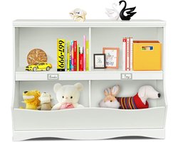 KOMFOTTEU Kinderspeelgoedrek van hout - houten rek - met 4 open vakken en golfbodem - opbergrek voor boeken en speelgoed - voor kinderkamer, kleuterschool en woonkamer - wit