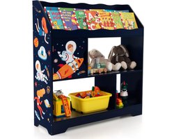 KOMFOTTEU Kinderspeelgoedrek, vrijstaand kinderrek met 3 open opbergvakken en deurkast, schattige kinderboekenkast met kantelbeveiliging, voor kinderkamer, speelkamer en kleuterschool (blauw)