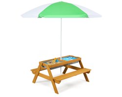 KOMFOTTEU Kinderzitjesset, Vurenhout, Kindertafel voor buiten met in hoogte verstelbare parasol, Afneembaar tafelblad & 2 Speelboxen, Picknicktafel, Kinderzitjesset voor buiten