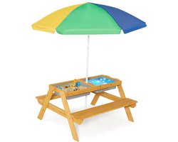 KOMFOTTEU Kinderzitjesset, Vurenhout, Kindertafel voor buiten met in hoogte verstelbare parasol, Afneembaar tafelblad & 2 Speelboxen, Picknicktafel, Kinderzitjesset voor buiten