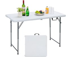 KOMFOTTEU Klaptafel, in hoogte verstelbaar, inklapbare en draagbare campingtafel met draaggreep, ruimtebesparende picknicktafel van HDPE, frame van ijzer, 120 x 60 x 74,5 cm, wit