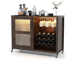 KOMFOTTEU Mobiele wijnkast met 3 niveaus, verstelbare plank, instelbare ledverlichting, glazen deur, wijnbar met ruimte voor 12 flessen, 3 rijen glazenhouders, ideaal voor in de keuken