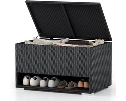 KOMFOTTEU Opbergbox van PE-rotan voor buiten, 186 l, opbergdoos met schoenenrek, waterdichte voering, 95 x 60 x 58 cm, box voor tuin, balkon, terras, zwart