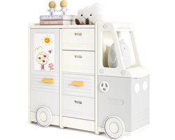 KOMFOTTEU Opbergmeubel voor kinderen in de vorm van een auto Speelgoedopberger Boeken met 4 lades, gesloten kasten, tekentafel, HDPE-kinderplank voor speelkamer, kinderkamer