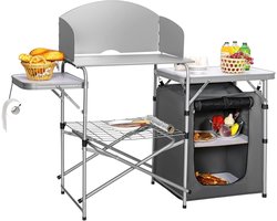 KOMFOTTEU Opvouwbare campingkeuken, campingkast met aluminium frame, reiskeuken met plank, windscherm en draagtas, tentkast voor picknick, reizen, strand, grijs