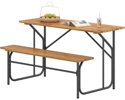 KOMFOTTEU Picknicktafel en Bankenset voor 2 Personen, Eettafel en Bank van Acaciahout met Stevig Metalen Frame, voor Terras, Veranda, Tuin, Achtertuin