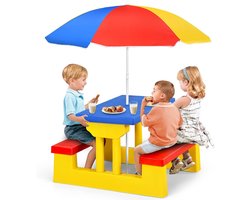KOMFOTTEU Picknicktafel, set van tafel en stoelen voor kinderen, met inklapbare parasol, voor tuin, terras, park, kinderen vanaf 3 jaar