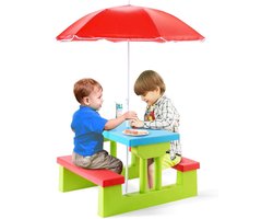 KOMFOTTEU Picknicktafel, set van tafel en stoelen voor kinderen, met inklapbare parasol, voor tuin, terras, park, kinderen vanaf 3 jaar