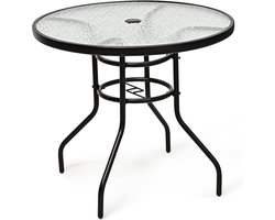 KOMFOTTEU Ronde tuintafel φ80cm, bistrotafel van metalen frame en glas, balkontafel met parasolgat, glazen tafel, bijzettafel, koffietafel, weerbestendig voor binnen en buiten