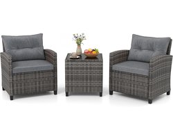 KOMFOTTEU Rotan tuinmeubelset, balkonmeubelen klein balkon, lounge tuinmeubelset, balkon meubels voor 2 personen, tuinlounge set 2 stoelen en tafel, 3-delig tuinzitgroep incl. zit- en rugkussens