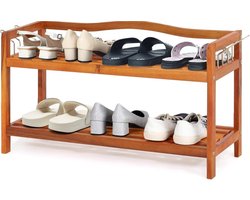 KOMFOTTEU Schoenenrek, hout, schoenenstandaard, ruimtebesparend met 4 metalen zijhaken, schoenenrek met draagvermogen van 20 kg per niveau, schoenenkast hal, woonkamer, slaapkamer (2 niveaus)