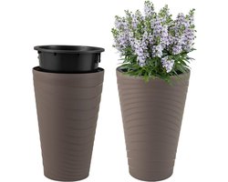 KOMFOTTEU Set van 2 bloempotten met binnenpot, sierpot met afwateringsgaten, weerbestendige plantenpot, ronde sierpot, kunststof plantenbakken voor tuin, balkon en veranda, bruin