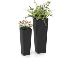 KOMFOTTEU Set van 2 hoge plantenbakken, grote conische plantenbakken met binnenplanken, drainagegaten, decoratieve PP-bloempotten voor veranda, terras, tuin, achtertuin