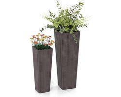 KOMFOTTEU Set van 2 hoge plantenbakken, grote conische plantenbakken met binnenplanken, drainagegaten, decoratieve PP-bloempotten voor veranda, terras, tuin, achtertuin