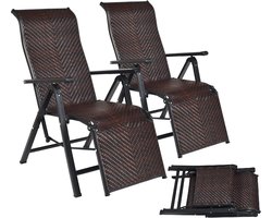 KOMFOTTEU Set van 2 inklapbare polyrotan ligstoelen met armleuningen, ligstoel met verstelbare rugleuning, klapstoel voor stoelen en ligstoelen, klapstoel voor tuin en balkon, bruin