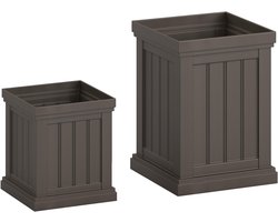 KOMFOTTEU Set van 2 vierkante bloempotten, sierpot met afwateringsgaten, weerbestendige stapelbare plantenpot, kunststof sierpot voor tuin, balkon en veranda, bruin