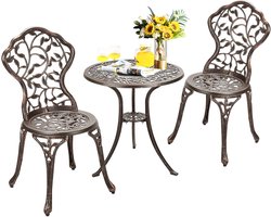 KOMFOTTEU Set van 3 bistro-set van gegoten aluminium, tuinmeubelen, vintage stijl, tuinmeubelset met 1 tafel en 2 stoelen, voor terras, balkon, binnenplaats, brons