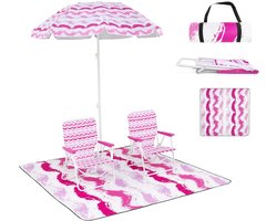 KOMFOTTEU Set van 4 strandset, 2 ligstoelen, 1 tapijt, 1 parasol φ 175 cm, Campingstoel, klapstoel, belasting 150 kg