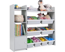 KOMFOTTEU Speelgoedopberger voor kinderen, boekenkast met 4 lagen en 8 bakken, planken, kledingkast, multifunctionele opbergmeubel voor woonkamer, kinderkamer, speelkamer (grijs)