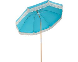 KOMFOTTEU Strandparasol - met kwastjes - parasol met houten paal - 30° kantelbar - terrasparasol Bohemian - met 8 baleinen - voor tuin en balkon