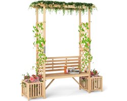 KOMFOTTEU Tuinboog met bankje en 2 plantenbakken, houten latwerk voor klimplanten en wijnstokken, buitenpergola voor 2 personen, decoratie voor veranda, terras of gazon