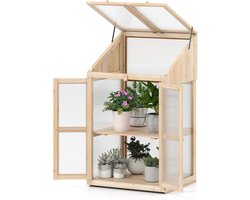 KOMFOTTEU Tuinkas met houten frame, kas met 2 niveaus en te openen dak, 2 verwijderbare planken, afsluitbare dubbele deur met handgrepen, plantenkast voor tuin, balkon