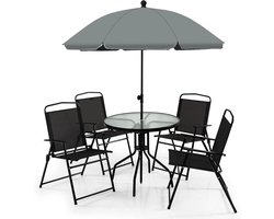 KOMFOTTEU Tuinmeubelset, 6-delig, patioset met parasol, glazen tafel en 4 klapstoelen, gespreksset voor 4 personen, met zonwering voor buiten, zwart