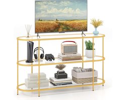 KOMFOTTEU tv meubel voor woonkamer met 3 niveaus, multifunctionele metalen kast voor tv's tot 65 inch, consoletafel met geharde glasplanken en verstelbare poten voor slaapkamer, mosterdgeel
