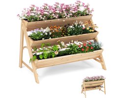 KOMFOTTEU Verhoogd bloembed, hout, plantenbed met 3 bloembakken, tuinbed met 2 haken en planken, plantenbak, plantenbak, kruidenbak, plantentrap voor tuin, balkon, terras, natuur