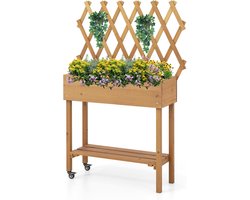 KOMFOTTEU Verhoogd bloembed met rankrooster, plantenbak met plank, bloembak met wieltjes, plantenbak met voering en afvoergaten, plantenbak voor bloemen, groenten, kruiden, 90 x 29 x 129 cm