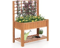 KOMFOTTEU Verhoogde plantenbak met latwerk en planken, houten tuinbak, plantenbak met 4 afwateringsgaten en uitneembare binnenbak, bloembak voor balkon, tuin of terras (bruin)
