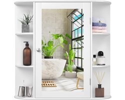KOMFOTTEU Wandgemonteerde badkamerkast - wandkast voor toilet met spiegel - MDF opbergmeubel - verstelbare planken - toilettenkast 66x16,5x62 cm (wit)