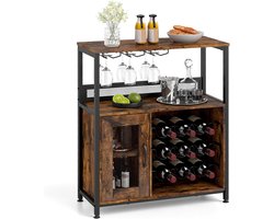KOMFOTTEU Wijnkast, barkast met 9 flessen wijnrek & 3 glashouders & roosterdeurkast, keukenkast vrijstaand, vitrinekast industrieel voor woonkamer en keuken, 75 x 34 x 90,5 cm